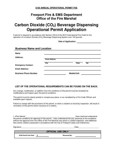 First page of the Carbon Dioxide Beverage Dispensing Operational Permit Application