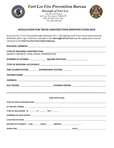 First page of the Application for Truss Construction Identification Sign