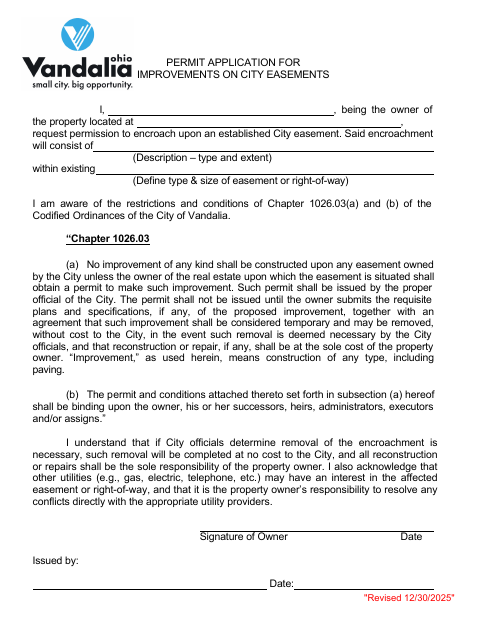 First page of the Permit Application for Improvements on City Easements