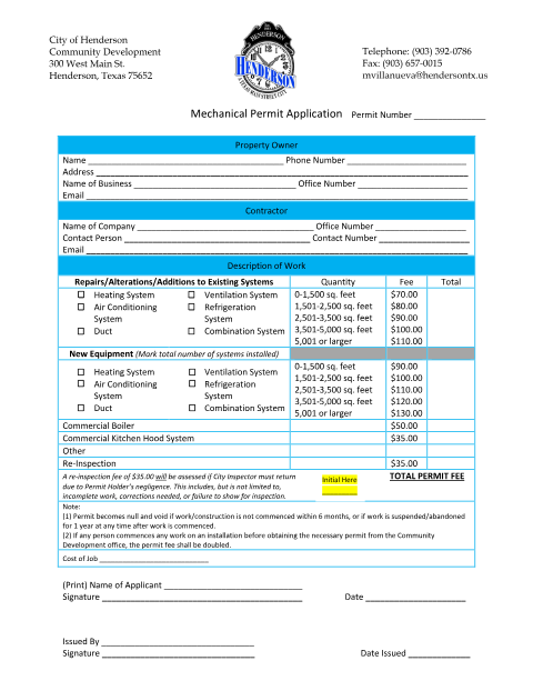 First page of the Mechanical Permit Application