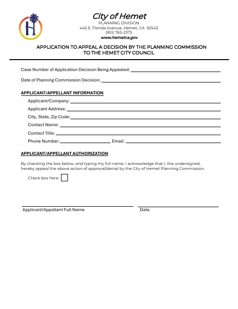 First page of the Application to Appeal a Planning Commission Decision