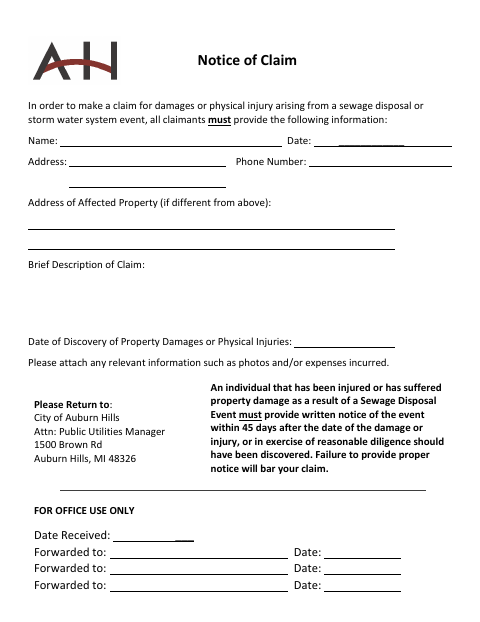 First page of the Notice of Claim Form
