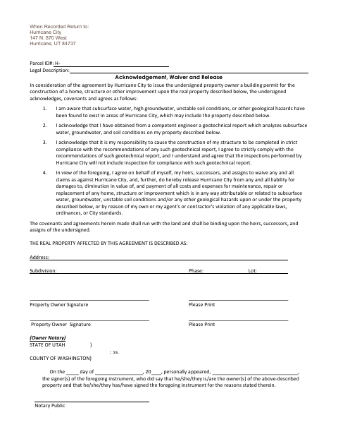 First page of the Acknowledgement, Waiver and Release