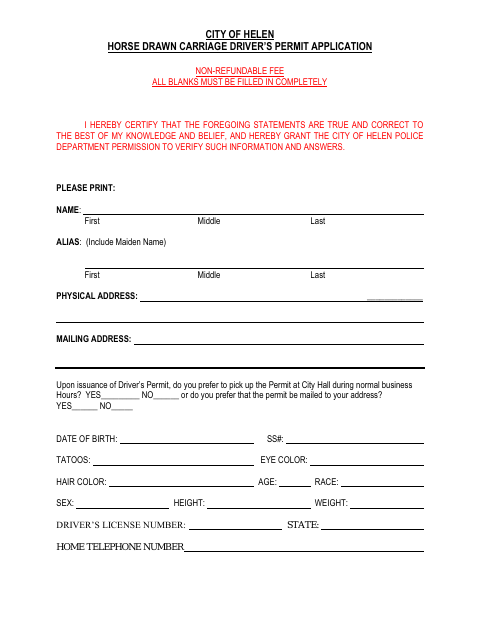 First page of the Horse-Drawn Carriage Driver's Permit Application