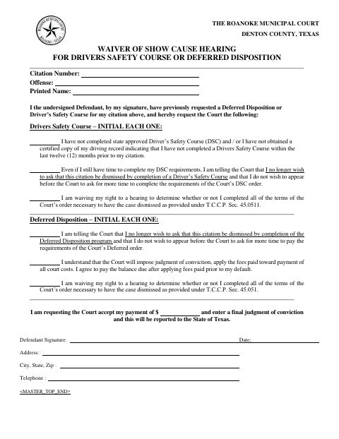 First page of the Waiver of Show Cause Hearing for Driver Safety Course or Deferred Disposition