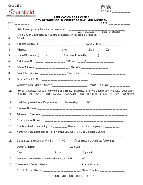 First page of the Business License Application