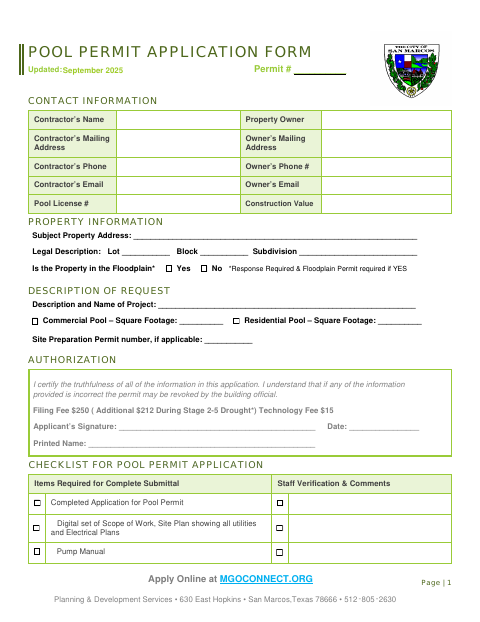 First page of the Pool Permit Application