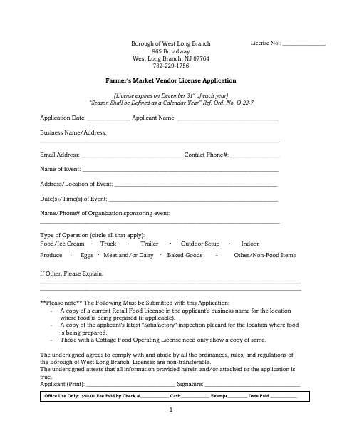 First page of the Farmer's Market Vendor License Application