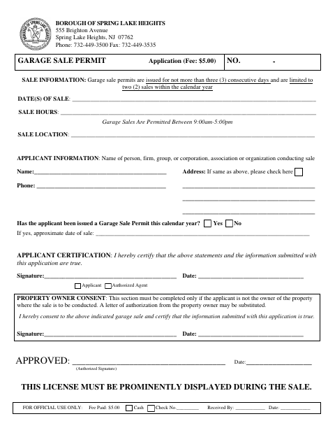 First page of the Application for Garage Sale Permit