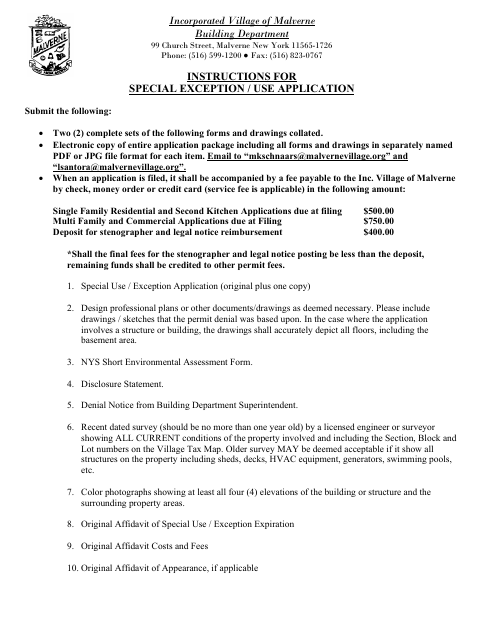First page of the Special Use / Special Exception Application