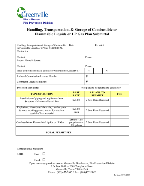 First page of the Handling, Transportation, and Storage of Combustible or Flammable Liquids or LP Gas Plan Submittal