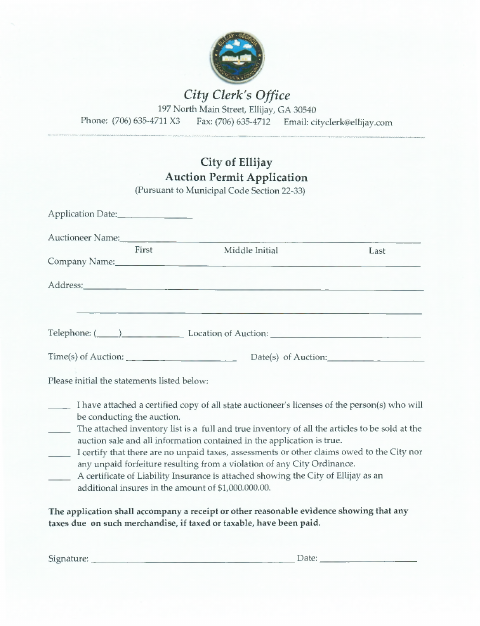 First page of the Auction Permit Application