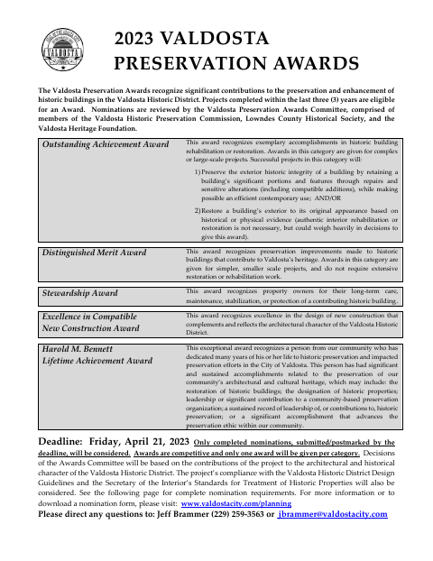 First page of the 2023 Preservation Awards Nomination Form