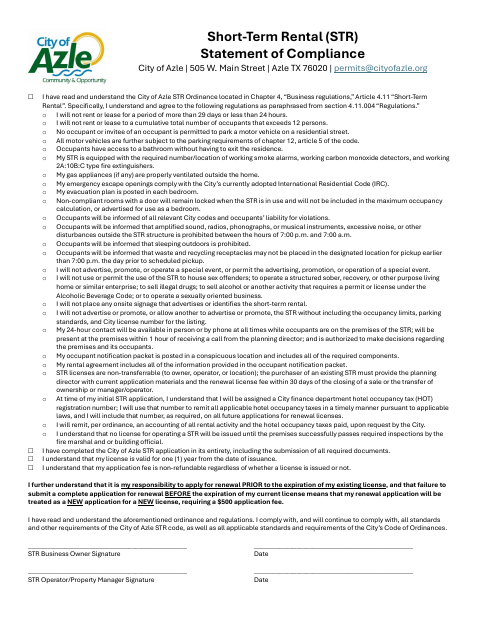 First page of the Short-Term Rental (STR) Statement of Compliance
