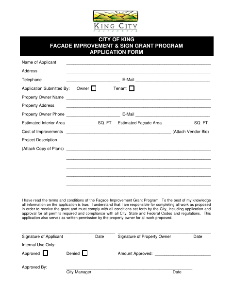 First page of the Facade Improvement & Sign Grant Program Application Form