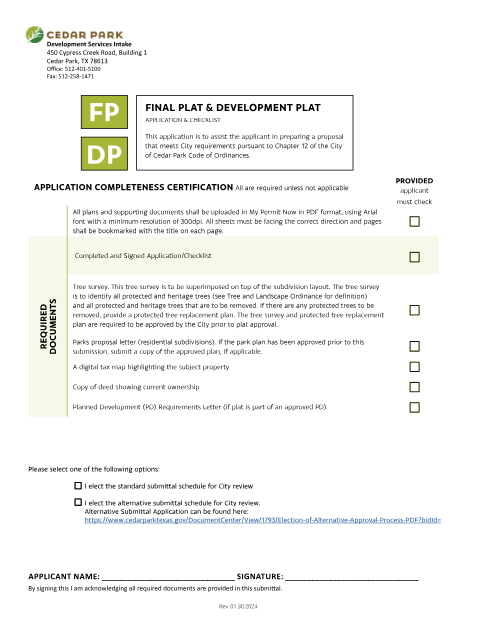 First page of the Final Plat and Development Plat Checklist and Application