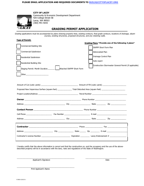 First page of the Grading Permit Application