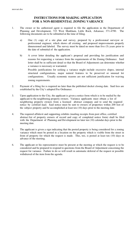 First page of the Nonresidential Zoning Variance Application