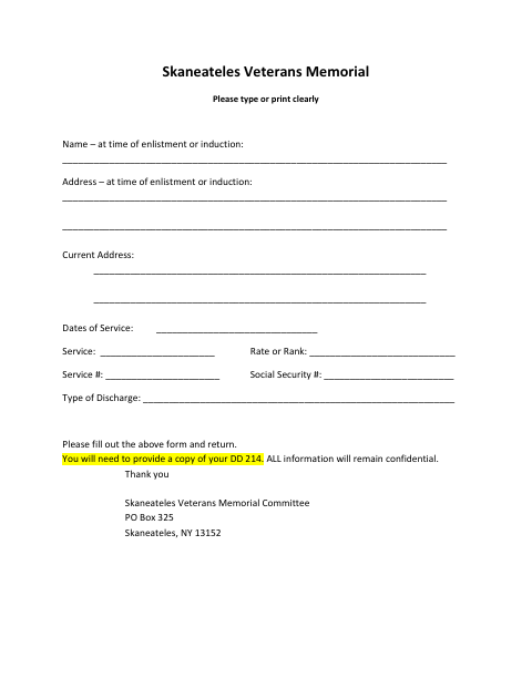 First page of the Veterans Memorial Application