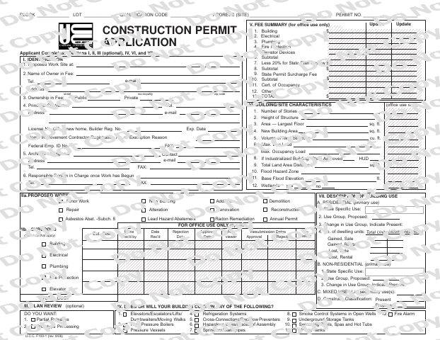 First page of the Construction Permit Jacket / Application