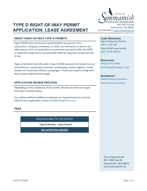 First page of the Type D Right-of-Way Permit Application: Lease Agreement