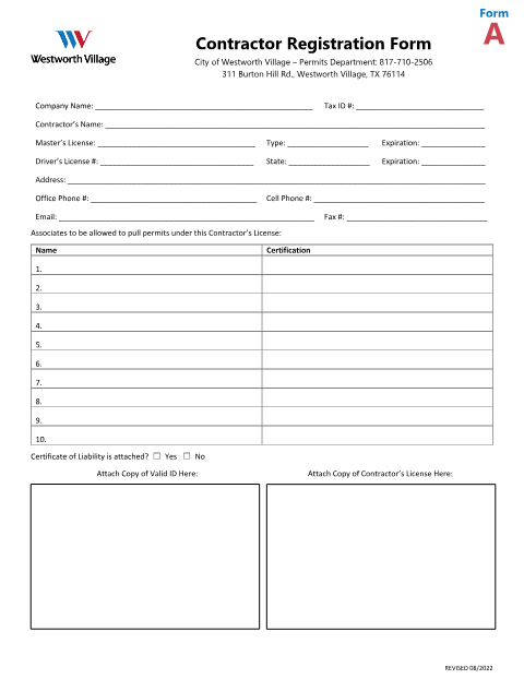 First page of the Contractor Registration Form