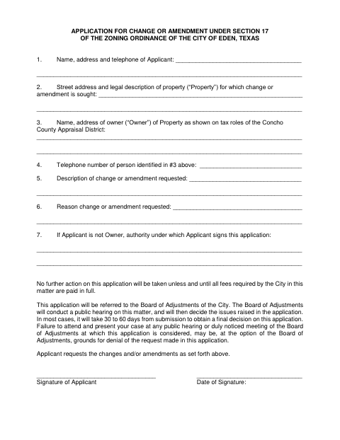 First page of the Application for Change or Amendment Under Section 17 of the Zoning Ordinance