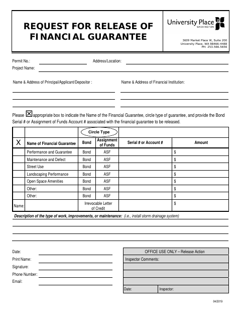 First page of the Request for Release of Financial Guarantee