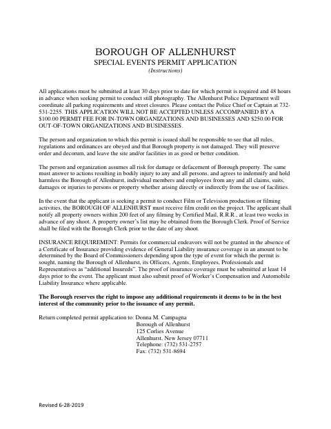 First page of the Special Events Permit Application
