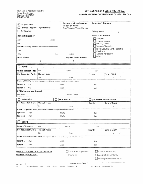 First page of the Vital Records Application