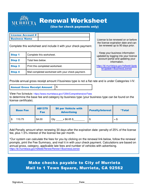 First page of the Renewal Worksheet