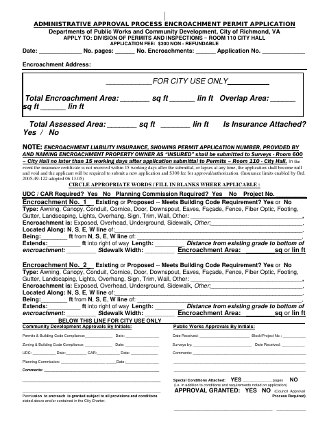 First page of the Encroachment Permit Application