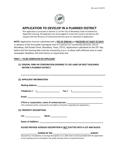 First page of the Application to Develop in a Planned District