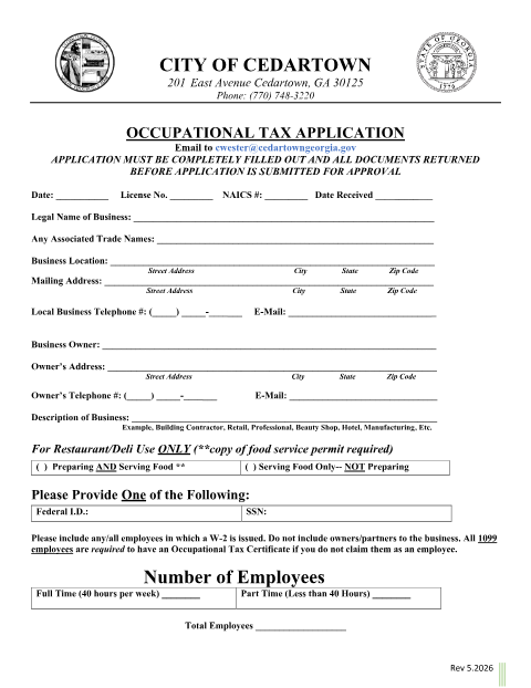 First page of the Occupational Tax Business License Application