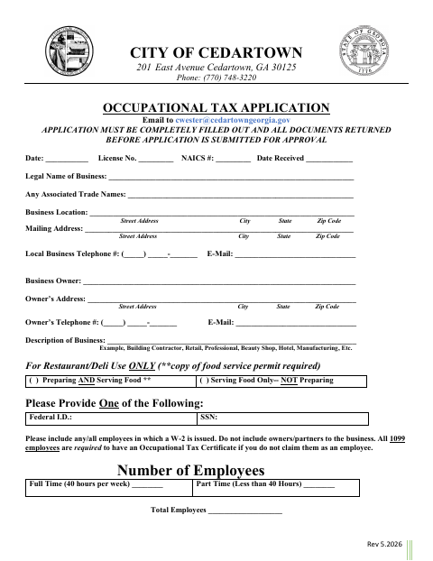 First page of the Occupational Tax Business License Application