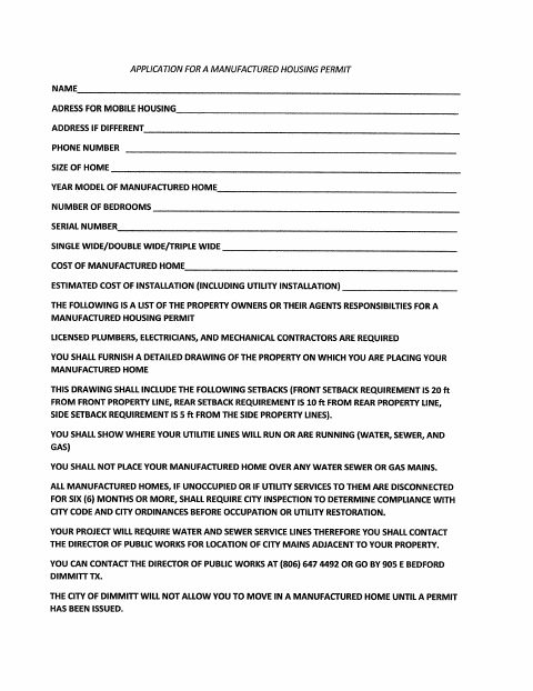 First page of the Application for a Manufactured Housing Permit