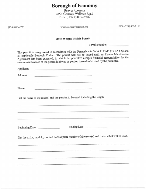 First page of the Overweight Vehicle Excess Maintenance Permit Application