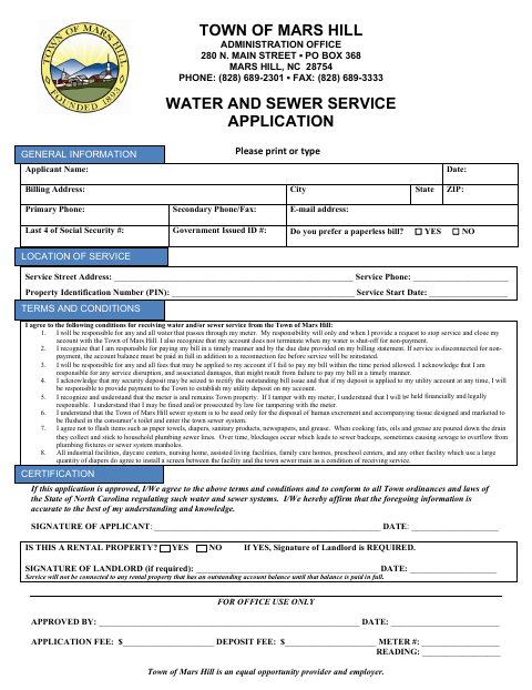 First page of the Water and Sewer Service Application