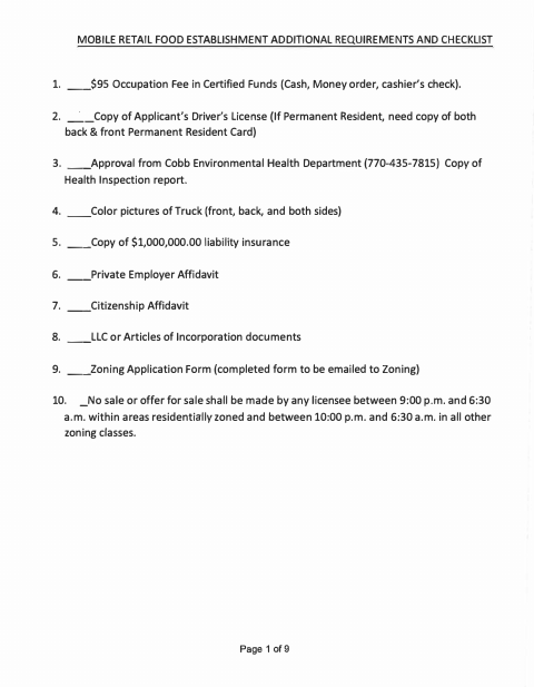 First page of the Mobile Retail Food Establishment Application