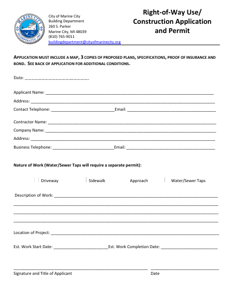 First page of the Right of Way Use Permit
