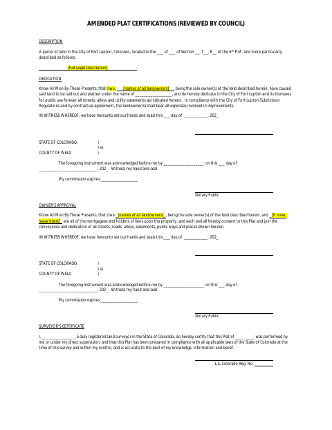 First page of the Amended Plat Certifications