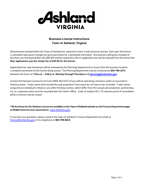 First page of the Business License Form