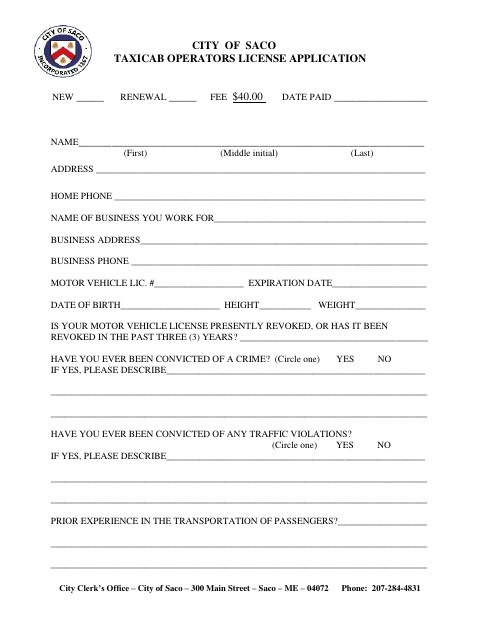 First page of the Taxicab Operator License Application