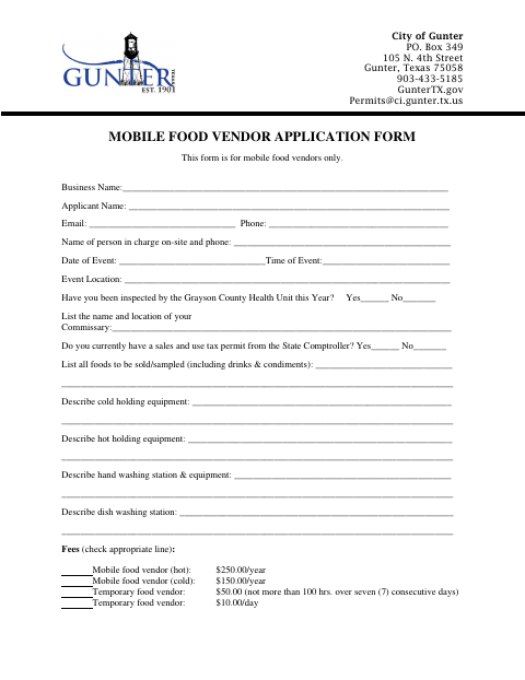 First page of the Mobile Food Vendor Application