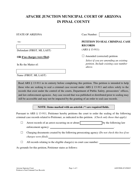 First page of the Petition to Seal Criminal Case Records
