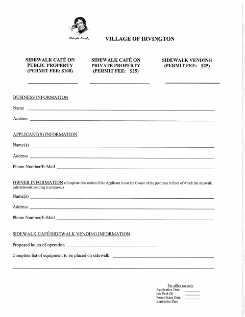First page of the Sidewalk Cafe and Vending Permit Application