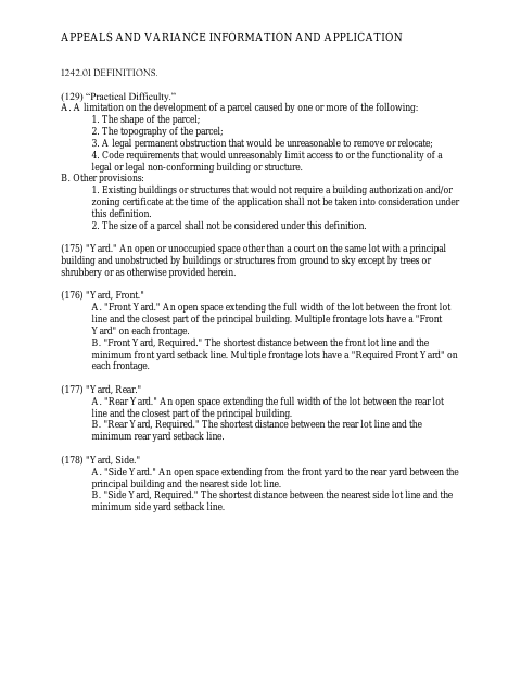 First page of the Appeals and Variance Information and Application
