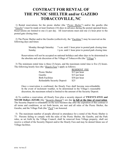 First page of the Contract for Rental of the Picnic Shelter and/or Gazebo