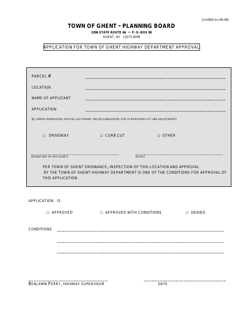 First page of the Application for Town of Ghent Highway Department Approval