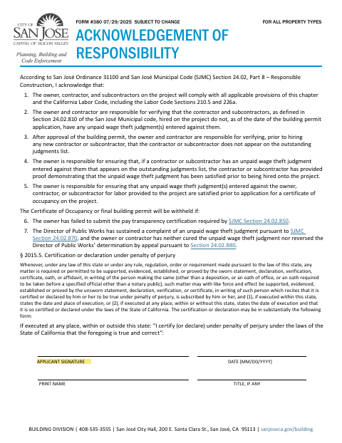 First page of the Acknowledgement of Responsibility (Form 380)